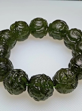 高端收藏天然捷克橄榄绿雕刻龙头手链玻璃陨石男士大颗粒手串22mm