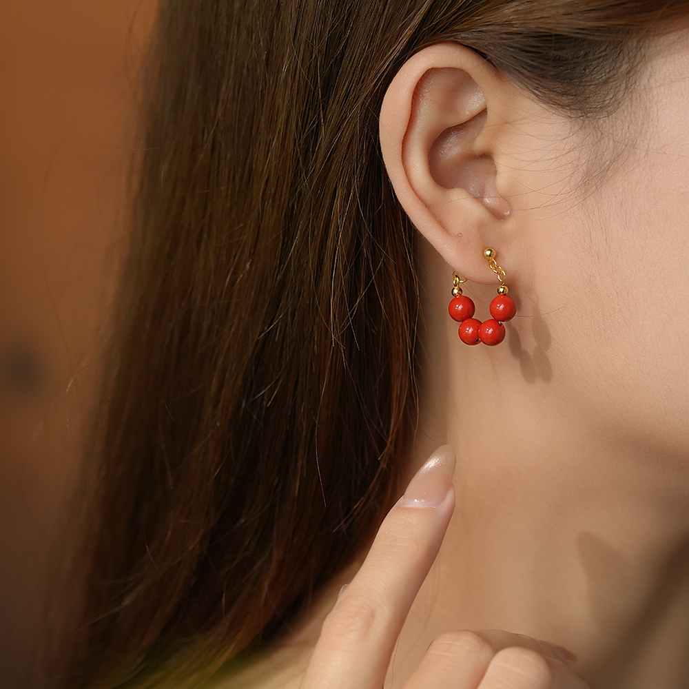 御臻珠宝｜朱砂｜S925银｜豌豆耳钉耳饰设计款连珠弧形小众爆款女 - 图3