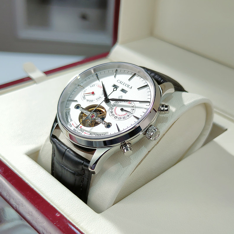 卡罗莱时尚镂空真皮带防水机械表 卡罗莱乔邦国产腕表