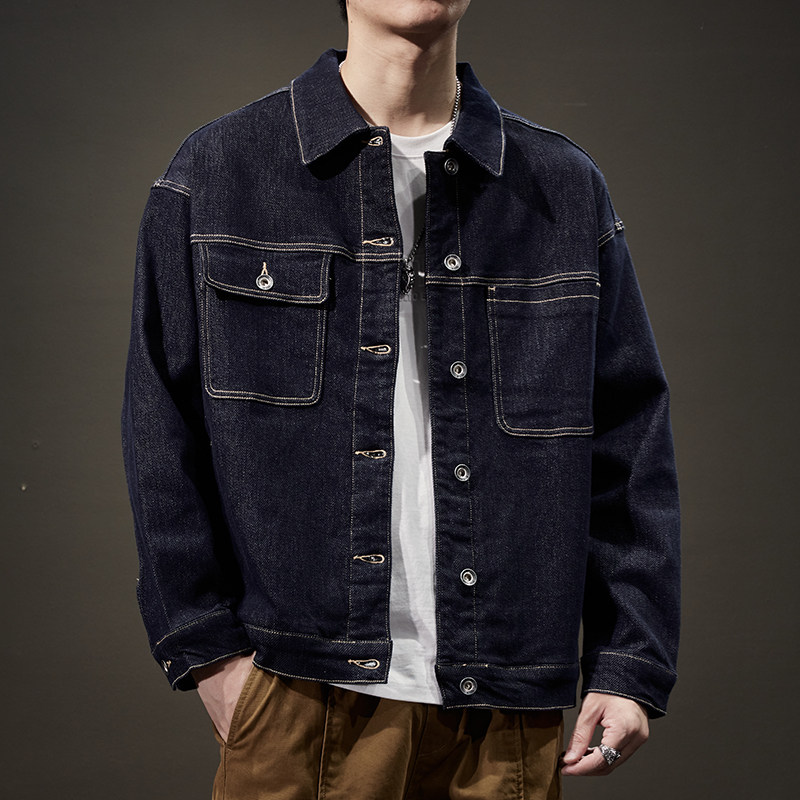 美式复古深蓝色牛仔外套男2025秋季潮牌宽松大码ins休闲工装夹克,淘宝优惠券,粉丝福利购,淘宝优惠卷