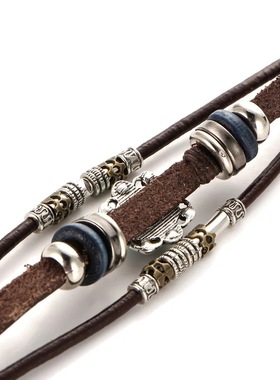 欧美百搭新品简约潮流男女皮革不锈钢磁性手镯编织仿牛皮手链手环