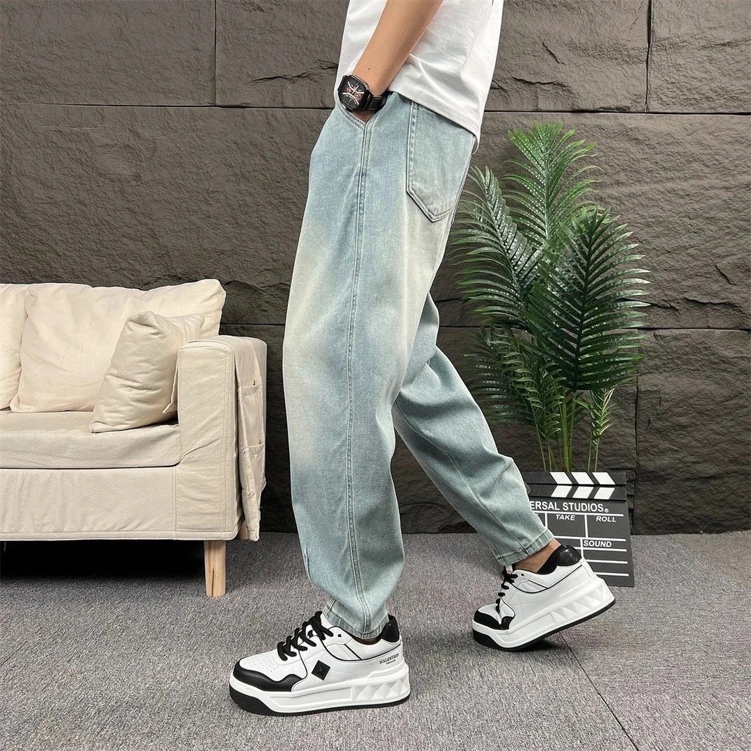 秋季新款复古水洗做旧浅蓝色九分牛仔裤男宽松老爹休闲裤男哈伦裤,淘宝优惠券,粉丝福利购,淘宝优惠卷