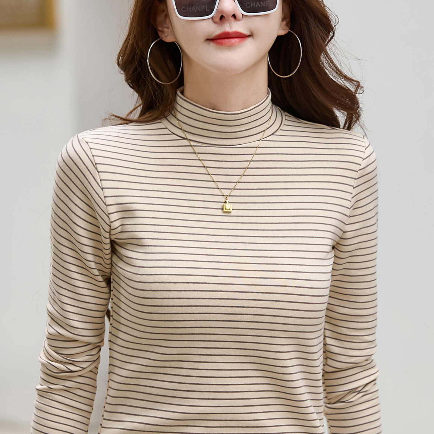 纯棉条纹修身半高领打底衫女长袖T恤加厚保暖洋气中领内搭上衣冬,淘宝优惠券,粉丝福利购,淘宝优惠卷