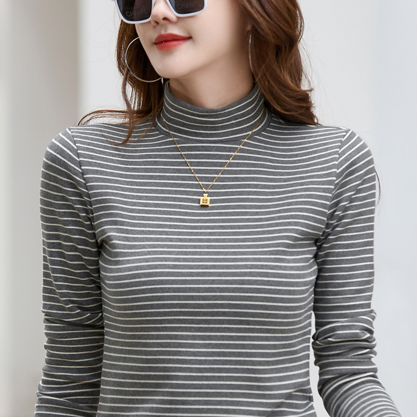 纯棉条纹修身半高领打底衫女长袖T恤加厚保暖洋气中领内搭上衣冬,淘宝优惠券,粉丝福利购,淘宝优惠卷