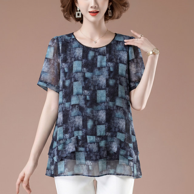 ເສື້ອຢືດ Chiffon ແຂນສັ້ນຂອງແມ່ຍິງ summer plus size ວ່າງຂອງແມ່ຍິງໄວກາງຄົນທີ່ມີໄຂມັນປົກຄຸມທ້ອງ, ເສື້ອຢືດກະທັດຮັດເທິງ.