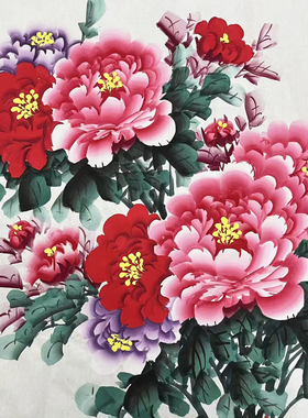 李春凤手绘牡丹国画小六尺横幅花开富贵客厅大厅沙发墙背景装饰画