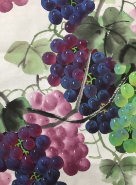 听昱手绘葡萄国画三尺竖版中堂玄关走廊中式丰收水果装饰画98*50