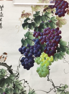 张文锦纯手绘国画葡萄四尺竖版紫气东来中堂玄关装饰挂画硕果丰收