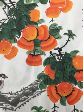 杜静丽手绘三尺斗方小鸟柿子