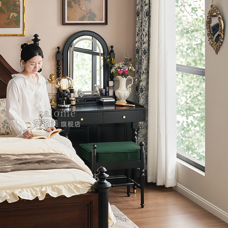 法式实木化妆桌梳妆台小户型卧室桌子中古书桌一体带置物架储物柜,淘宝优惠券,粉丝福利购,淘宝优惠卷