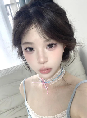 粉色纯欲萝莉白蕾丝锁骨链项链