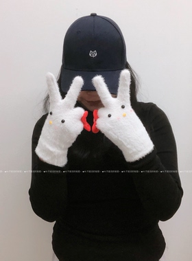 红色蝴蝶结kitty毛绒手套冬季女