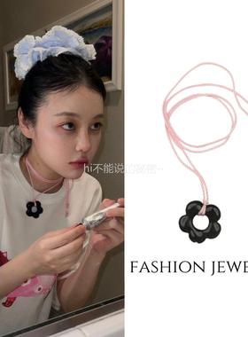 韩系甜美高级粉绳黑色五瓣花朵锁