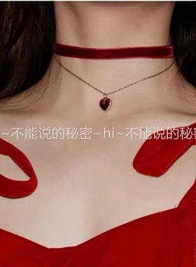 新年圣诞节饰品酒红色爱心锁骨链
