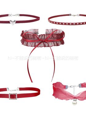 新年酒红饰品新款蕾丝珍珠爱心项