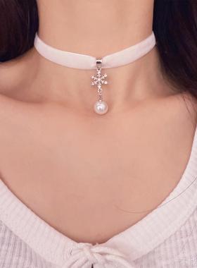 颈带新款圣诞节雪花珍珠吊坠项链