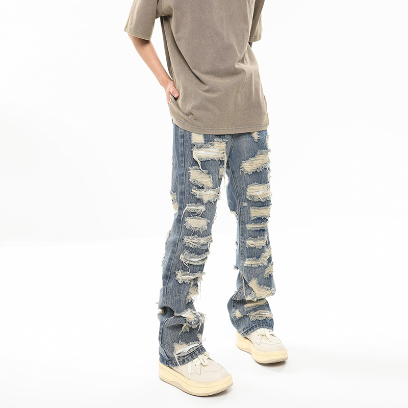 BTSG美式复古重工破坏糜烂补丁设计感牛仔裤高街破洞cleanfit裤子 - 图1