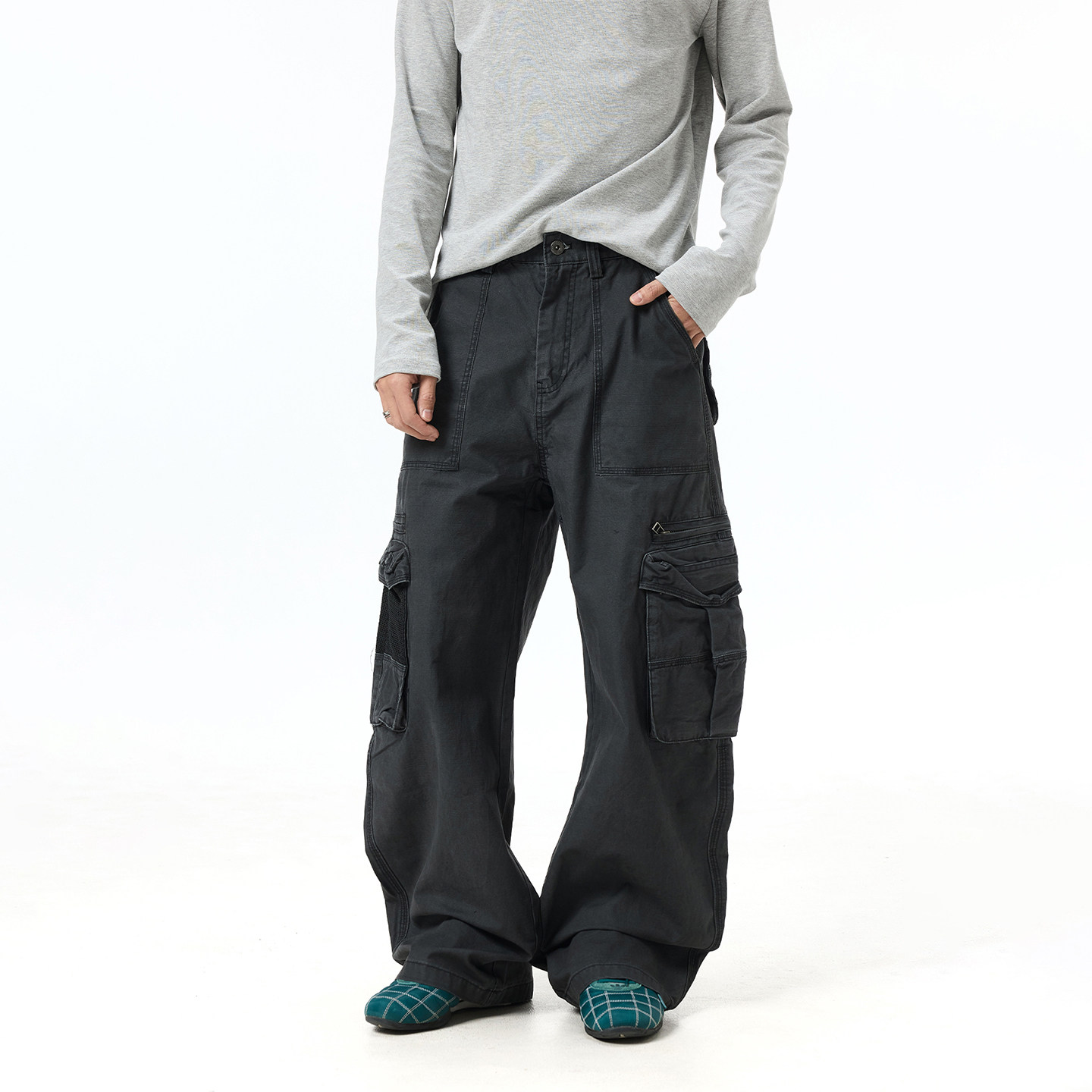 BTSG vintage水洗高级灰立体口袋工装裤Cleanfit复古宽松弯刀裤男,淘宝优惠券,粉丝福利购,淘宝优惠卷