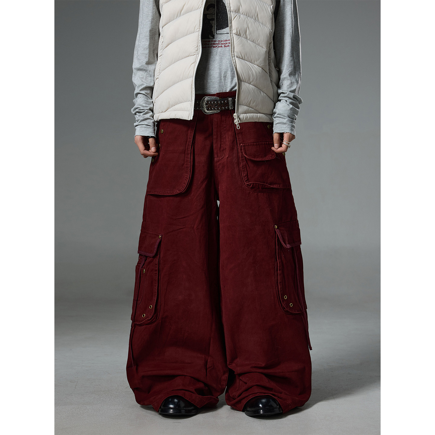 BTSG重工水洗做旧金属立体多口袋阔腿工装裤baggy美式街头拖地裤 - 图1