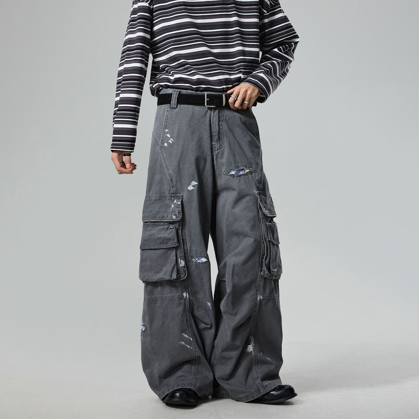 BTSG复古水洗结构泼墨补丁立体口袋法工裤Cleanfit褶皱阔腿工装裤,淘宝优惠券,粉丝福利购,淘宝优惠卷