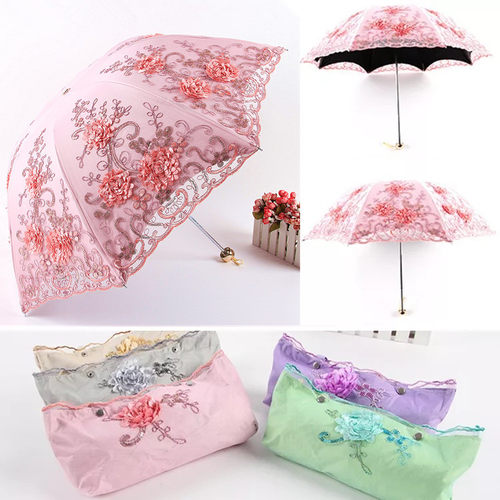 韩版太阳伞女神防晒防紫外线蕾丝刺绣花三折遮阳黑胶公主晴雨两用 - 图2