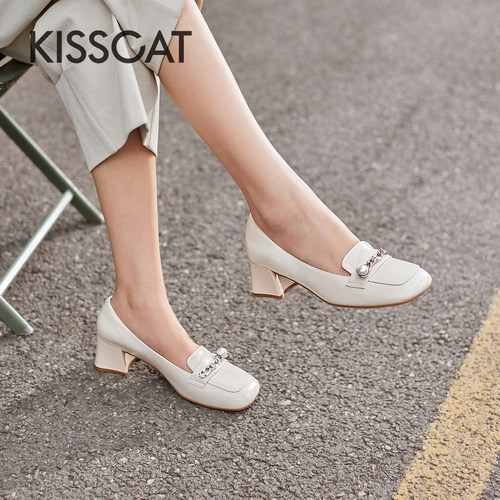 KISS CAT/接吻猫春秋小皮鞋方头高跟单鞋羊皮乐福鞋女KA54135-10 - 图0