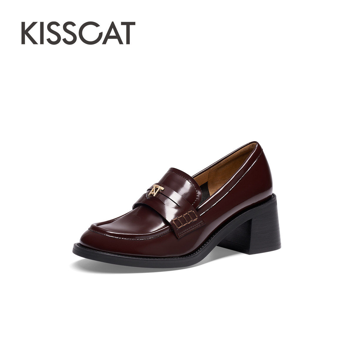 KISS CAT/接吻猫春秋牛皮乐福鞋粗高跟法式复古单鞋女KA43542-50,淘宝优惠券,粉丝福利购,淘宝优惠卷