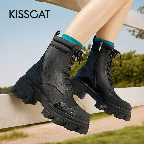 KISS CAT/接吻猫秋冬牛皮圆头侧拉链户外厚底马丁靴女KA32723-50 - 图0