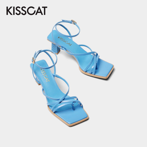 KISSCAT/接吻猫夏季牛皮时尚方头高跟都市时装凉鞋女KA21310-13-图3