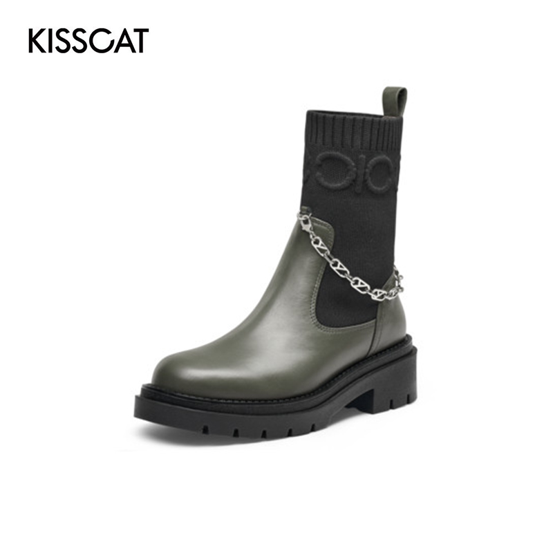 KISS CAT/接吻猫秋冬牛皮圆头瘦瘦靴厚底增高短靴女KA32549-51 - 图0