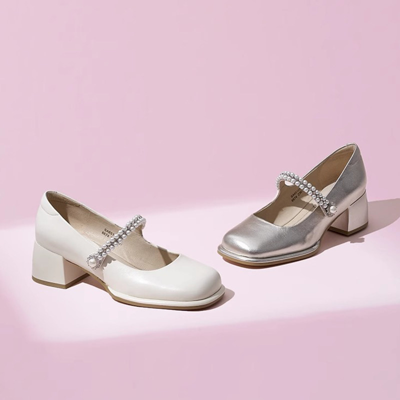 KISSKITTY春夏方头玛丽珍鞋法式单鞋珍珠粗高跟鞋女SA65125-81,淘宝优惠券,粉丝福利购,淘宝优惠卷