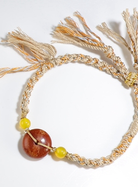 【原创】河磨玉平安扣手搓棉绳手链 本命年手工绳编多色可选 楼叔