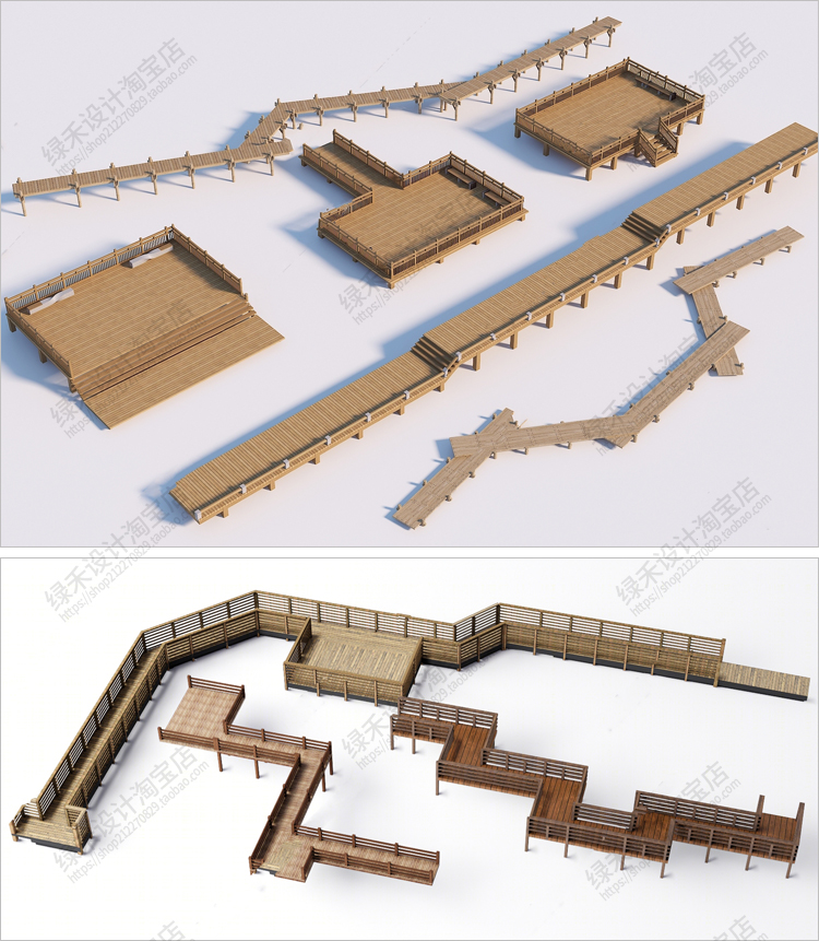 现代滨水木栈道SU模型湿地公园河道景观木桥观光亲水平台草图大师-图1