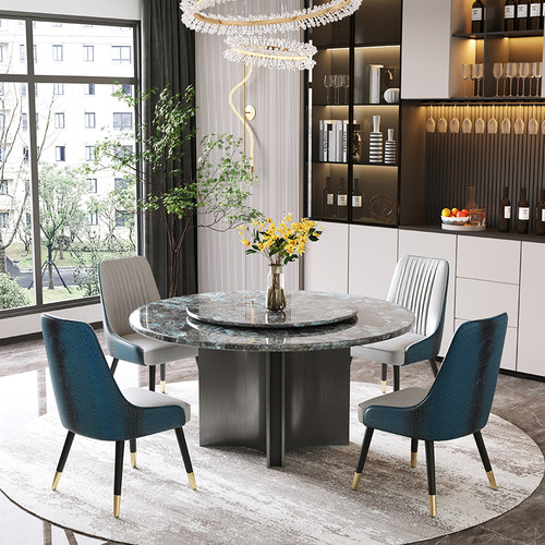 岩板餐桌圆形天然进口蓝翡翠奢石轻奢高端家用大圆桌带转盘圆桌椅 - 图0