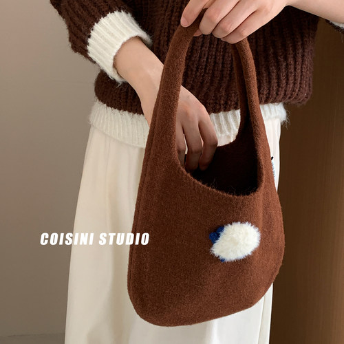 韩系可爱懒洋洋针织毛呢针织手提包包女秋冬托特包手拎包文艺百搭 - 图1