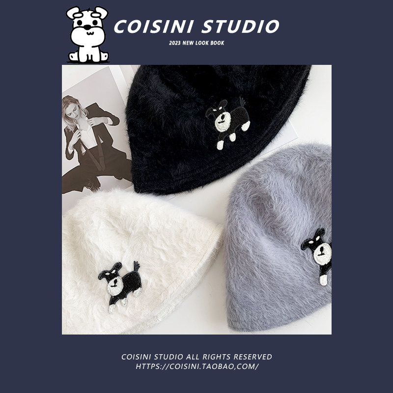 2025新款小狗雪纳瑞刺绣毛绒水桶帽子女秋冬保暖百搭甜美可爱盆帽,淘宝优惠券,粉丝福利购,淘宝优惠卷