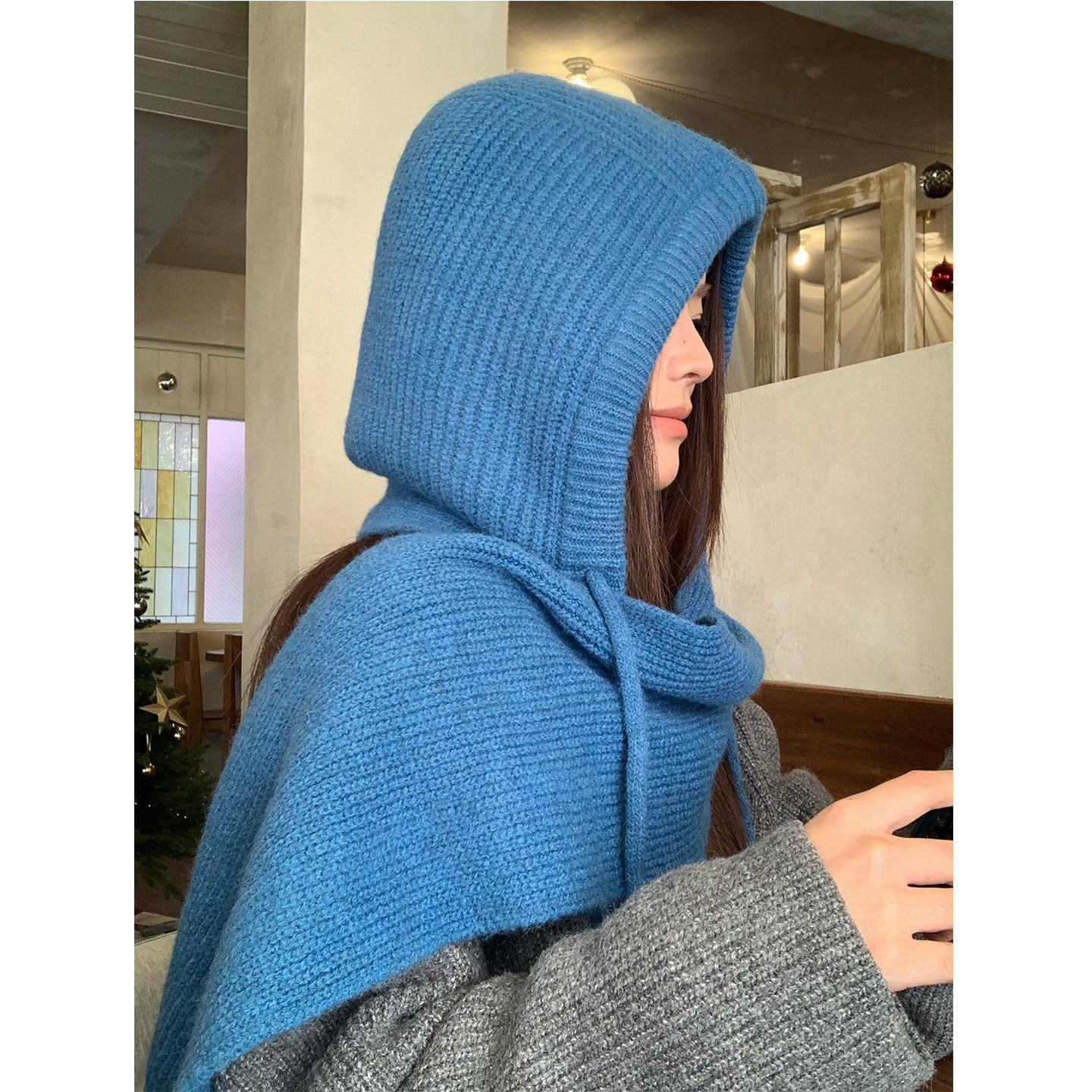 韩版蓝色巴拉克拉法帽子女秋冬季保暖毛线帽子围巾一体连帽针织帽,淘宝优惠券,粉丝福利购,淘宝优惠卷