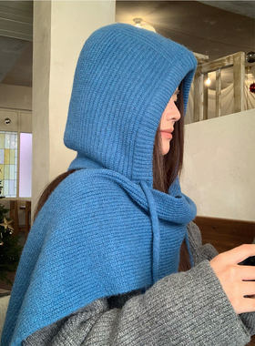 韩版蓝色巴拉克拉法帽子女秋冬季保暖毛线帽子围巾一体连帽针织帽