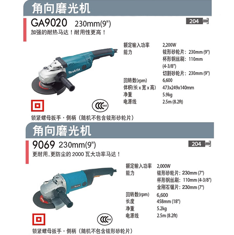 牧田角磨机9069/GA9020打磨机砂光机230mm大功率电磨除锈切割机 - 图2