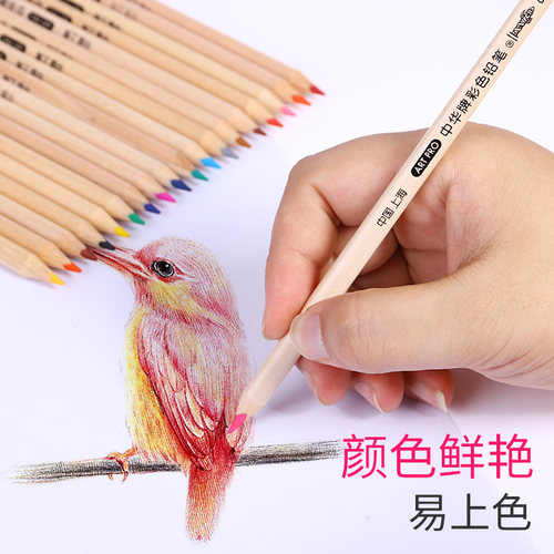 中华牌6725三角原木彩色铅笔48色油性彩铅学生卡通涂鸦绘画彩铅笔 - 图1