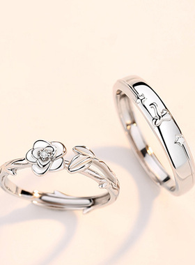 S925纯银小王子与玫瑰情侣戒指浪漫花卉男女对戒韩版情人节送女友