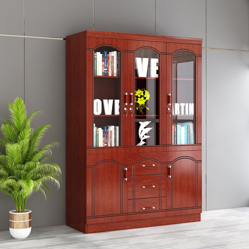 办公室文件柜书柜带玻璃门储物资料柜带锁木质落地档案实木柜子 - 图2