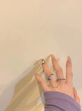 薰衣草之恋。新款浪漫氛围几何方形锆石闪闪紫色链条套装开口戒指