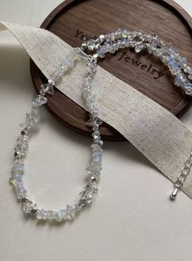 小清新甜美时尚天然石项链不规则天然白水晶仙女风碎银子锁骨链女