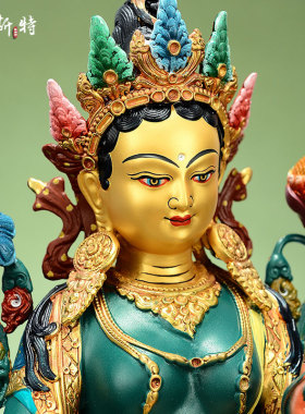 彩绘绿度母铜像摆件家用