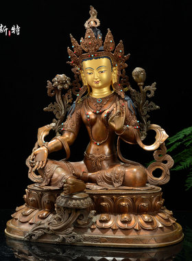 紫铜绿度母铜像桌面摆件