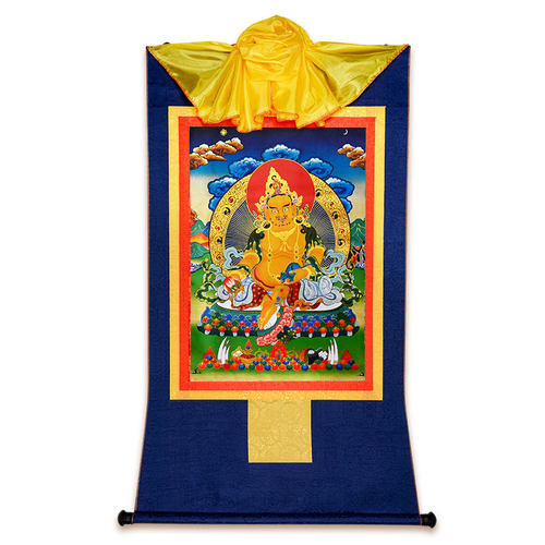 西藏黄财神画像唐卡挂画 家居用品镀金藏巴拉唐卡装饰画玄关壁画 - 图0