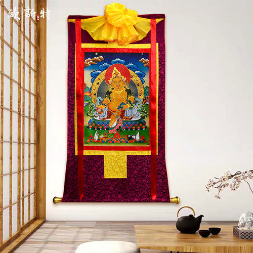 西藏黄财神画像唐卡挂画 家居用品镀金藏巴拉唐卡装饰画玄关壁画 - 图3