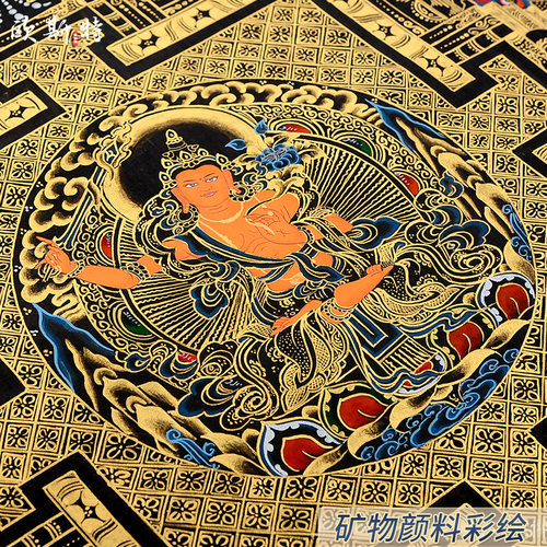 欧斯特 黑金坛城唐卡挂画 西藏手绘绿度母四臂观音客厅玄关装饰画 - 图2