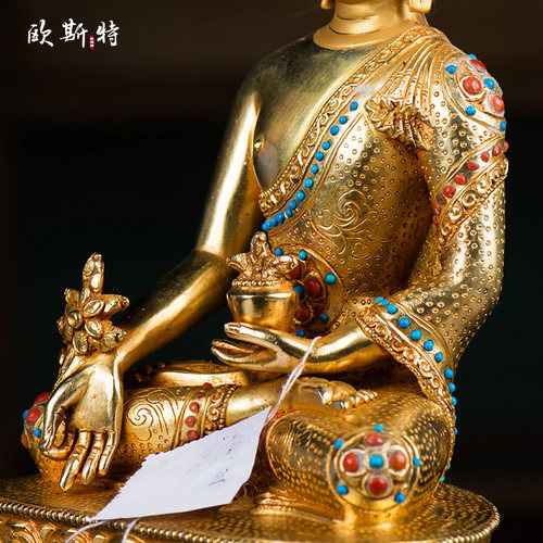 欧斯特《药师佛铜像摆件》 家居用品尼泊尔手工7寸铜全鎏金镶松石 - 图2